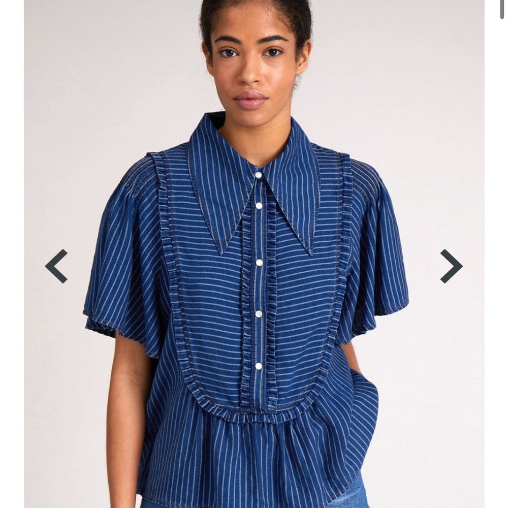 Blue Flutter Sleeve Blouse with Bib Collar